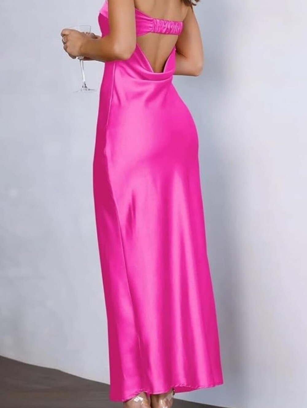 Open-Back Satin Maxi Dress in Hot Pink